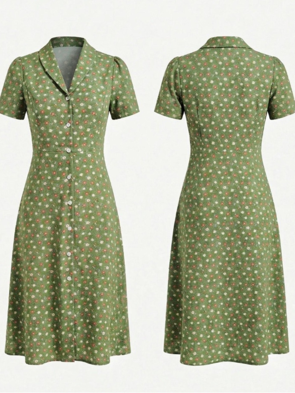 Green Ditsy Floral Print Button Down Midi Dress Retro 1940s Style - Picture 2 of 3